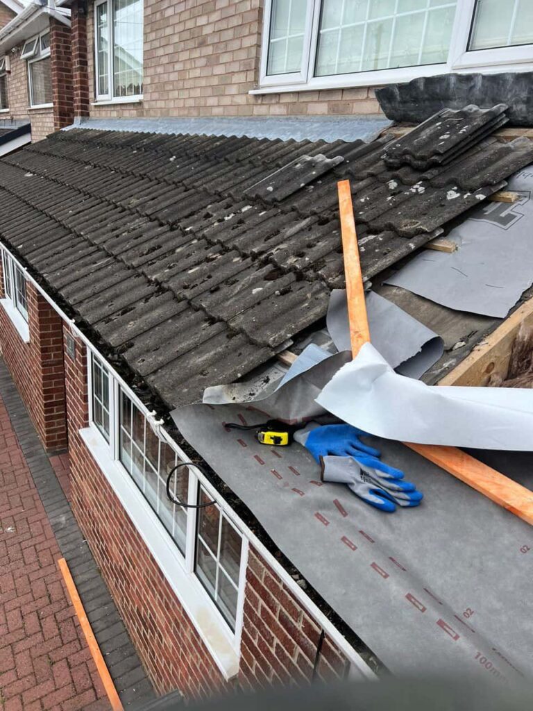 This is a photo of a pitched roof which is being repaired. The existing roof was leaking badly. Works carried out by Castle Donnington Roofing Repairs